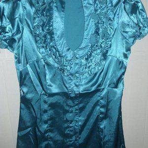 JoyceLeslie Stretch-silk-blend-satin-feel-aqua-blue-ruffle-button-down-cap-sleev